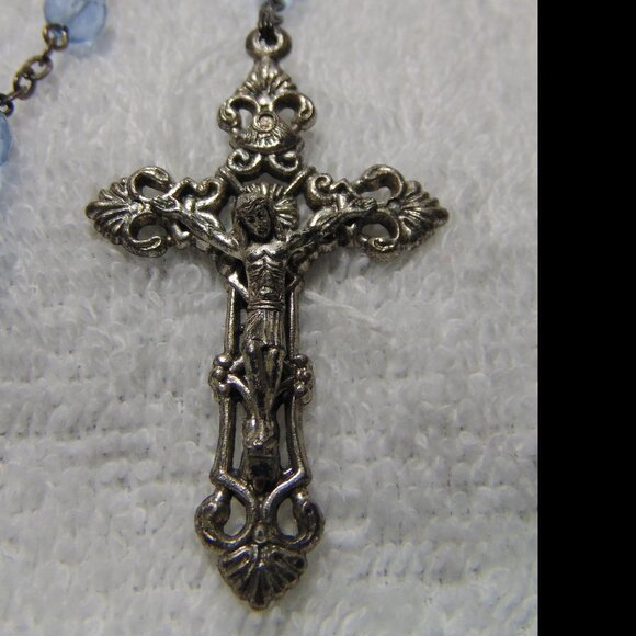 Catholic Rosary with Light Blue Clear Beads and Ornate Cross & Mary Medallion - Picture 2 of 5